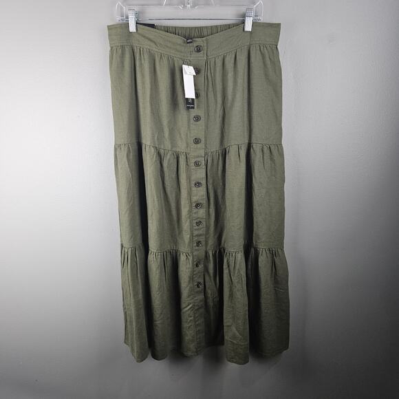 Banana Republic Olive Tiered Maxi Skirt  Button Front Boho Chic Praire Sz Large - Picture 1 of 6